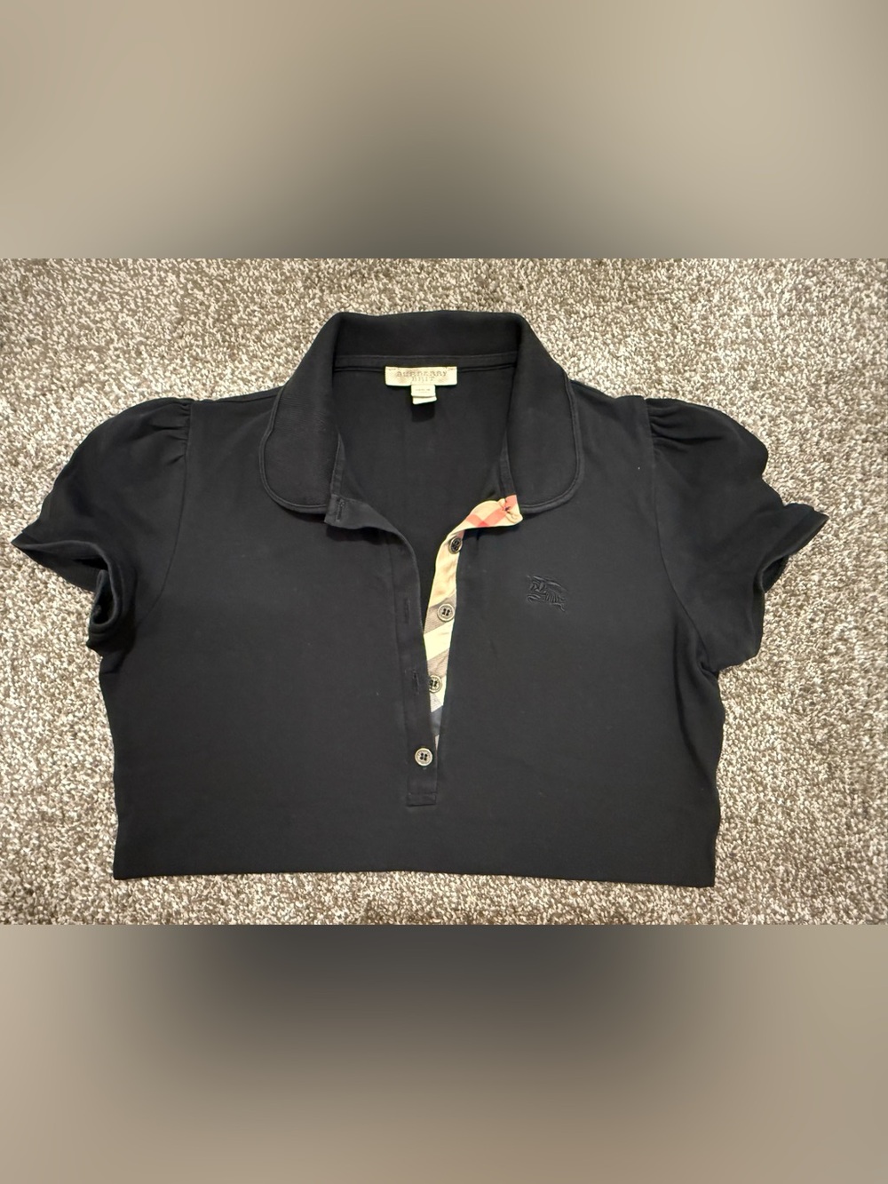 Saks Fifth Avenue Black Button-Down Polo with Plaid Trim
